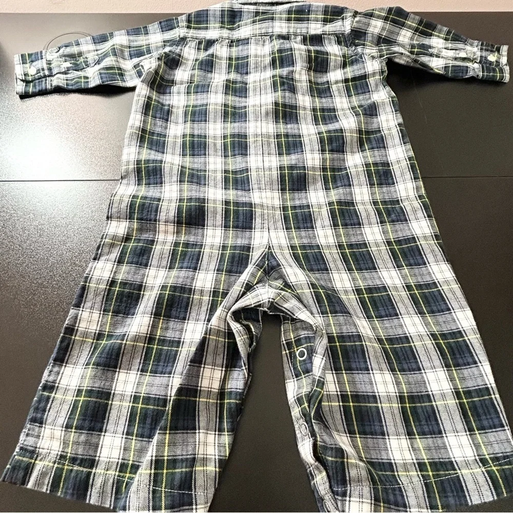POLO Ralph Lauren Blue, Green and Yellow Plaid Romper. Boys Size 12 Months.